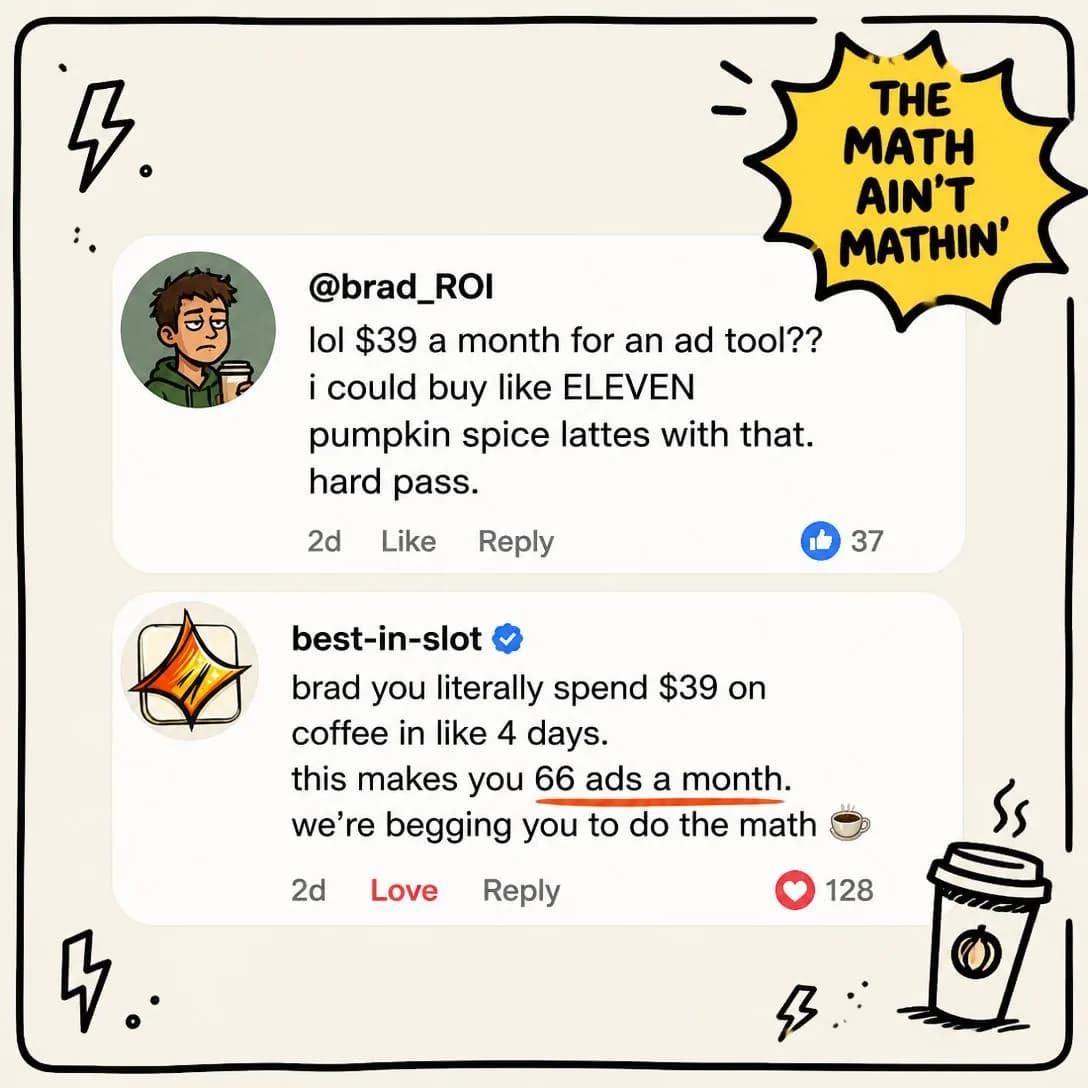 A troll-comment style Meta ad, designed to look like a real screenshot of a Facebook/Instagram comment being replied to by the brand