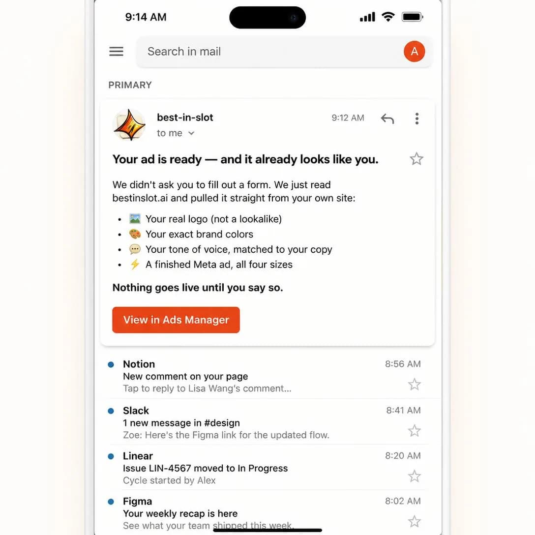 A pixel-accurate mobile email inbox screenshot, Gmail app on iOS 18, light mode, morning status bar reading 9:14 AM with full signal