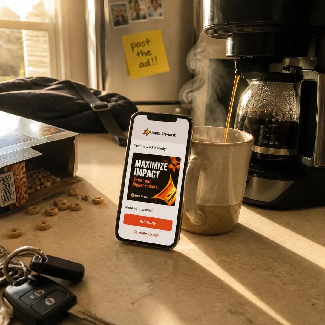 A handheld overhead iPhone photo of a sunlit kitchen counter early in the morning, shot slightly off-center and casual, as if someone quickly snapped it before leaving the house