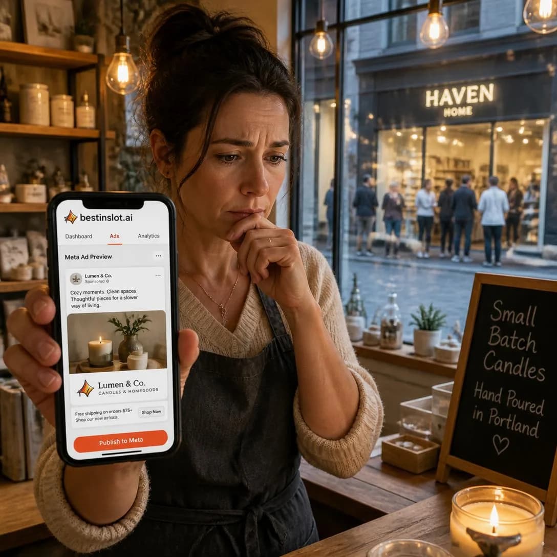 A handheld, slightly candid iPhone photo of a tired small-business owner in her late 30s standing behind the counter of her own boutique storefront — a small candle-and-homegoods shop with wooden shelves, warm hanging…