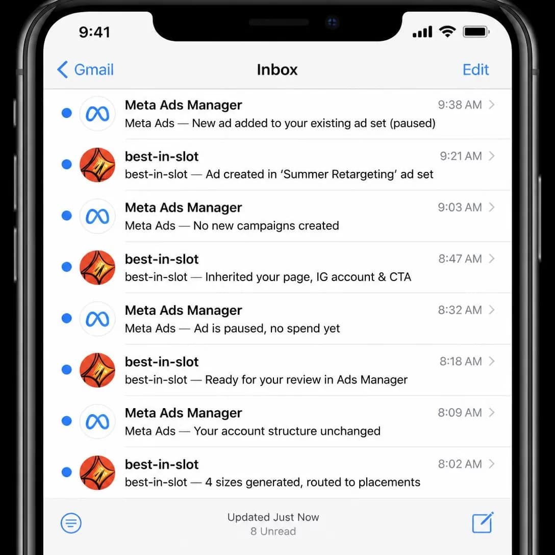 A pixel-accurate mobile screenshot of a Gmail inbox, iOS Mail-style, light mode, viewed on an iPhone with a subtle status bar at the top (9:41 AM, full signal, Wi-Fi)