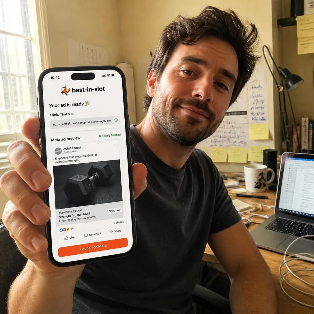 A handheld iPhone photo, slightly tilted and casual, of a real founder sitting at a cluttered home-office desk mid-morning