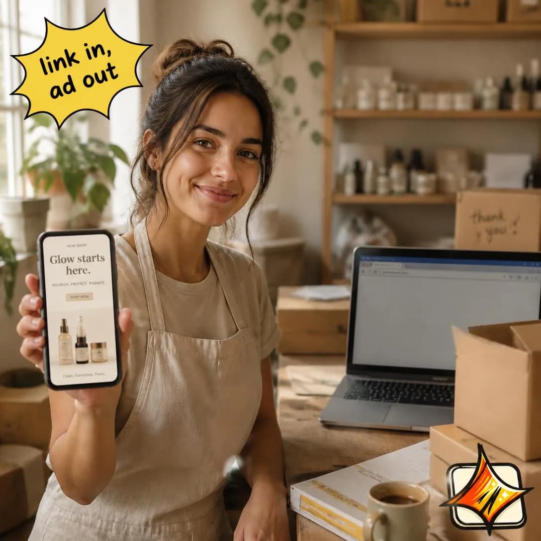 A warm, authentic portrait photograph of a small DTC shop owner — a woman in her early 30s wearing a casual apron over a t-shirt, standing in her own busy home-studio workspace surrounded by product packaging, shipping…