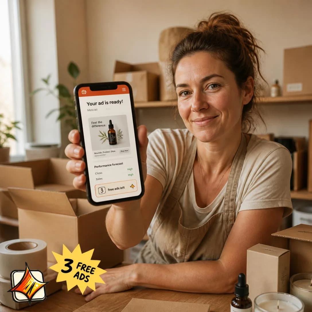 A warm, natural-light portrait photograph of a real DTC shop owner — a woman in her mid-30s wearing a casual apron over a t-shirt — sitting at the packing table of her small home-based product business