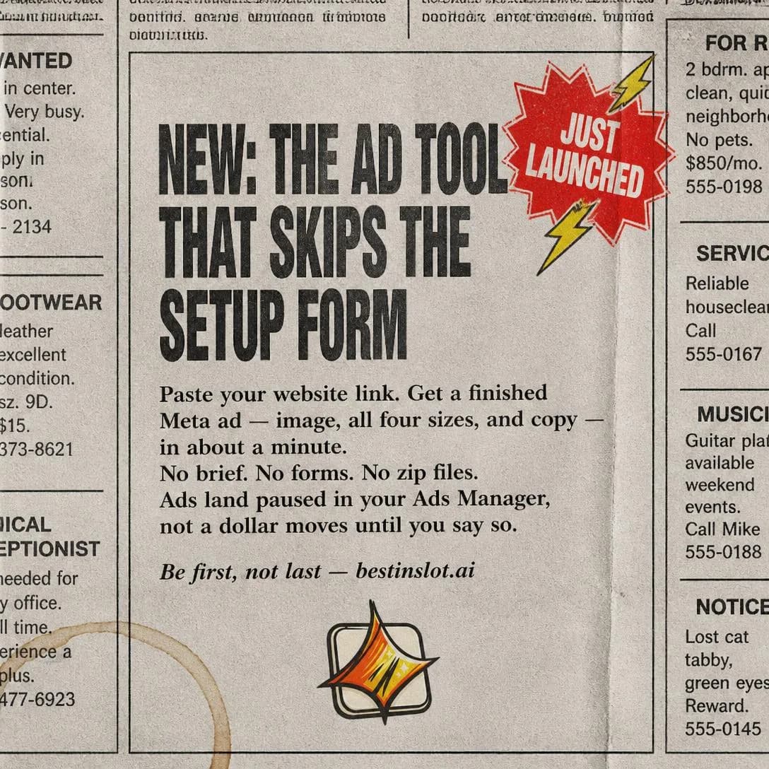 An old-school newspaper classified ad, printed in slightly grainy black-and-white on aged newsprint texture, photographed flat as a smartphone snapshot with a faint page fold and a subtle coffee-ring stain in one corner