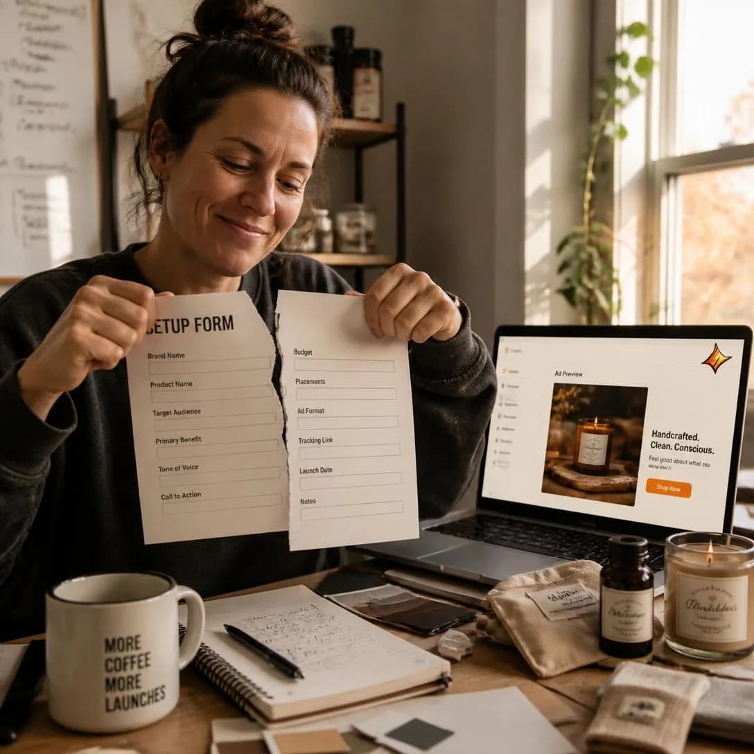 A polished but warm workplace photograph, of a real founder in her late 30s sitting at a cluttered home-office desk in the early morning — a solo DTC shop owner's actual environment, with a coffee mug, a laptop, a…