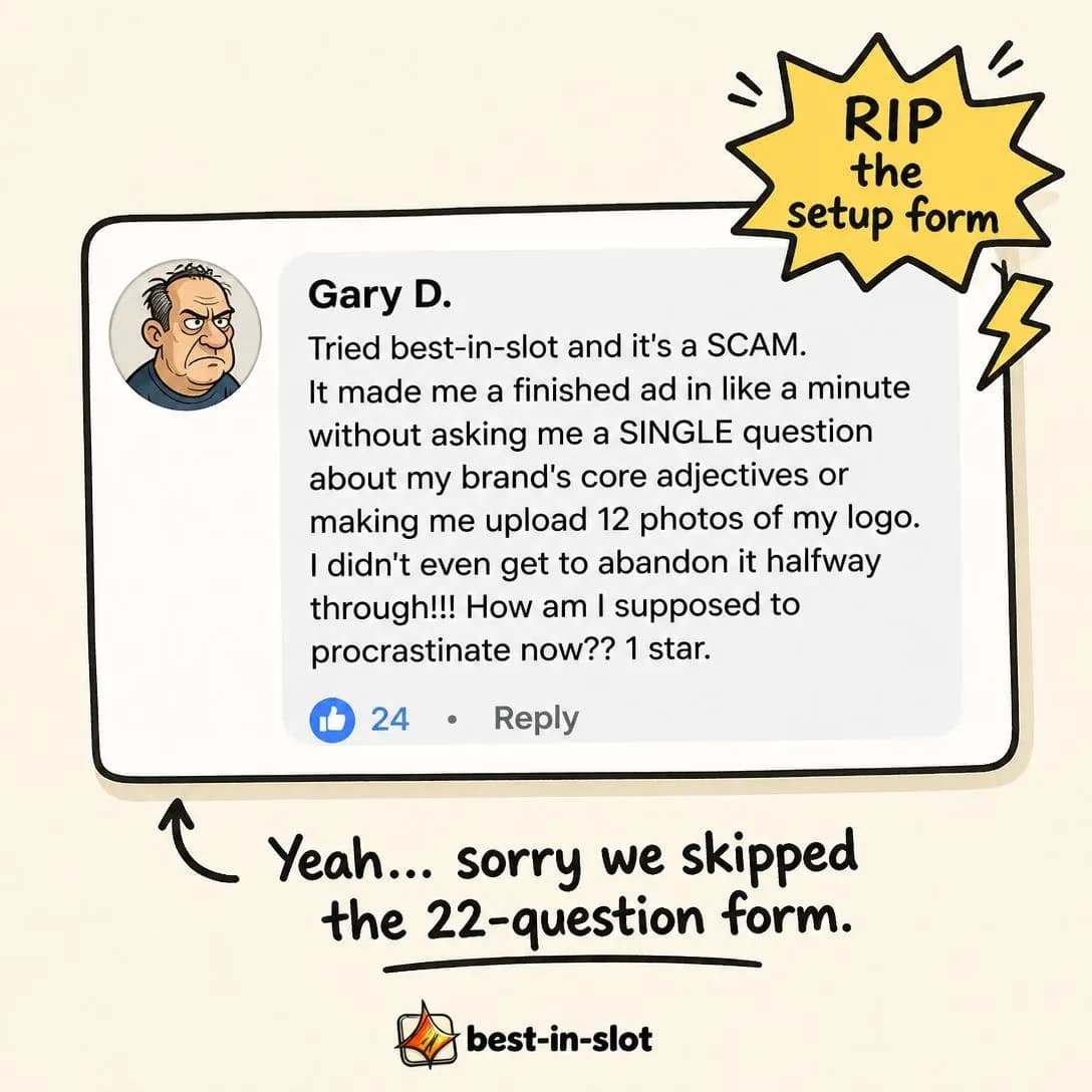A troll-comment-style social media screenshot on the warm beige background, styled in best-in-slot's playful hand-drawn brand aesthetic