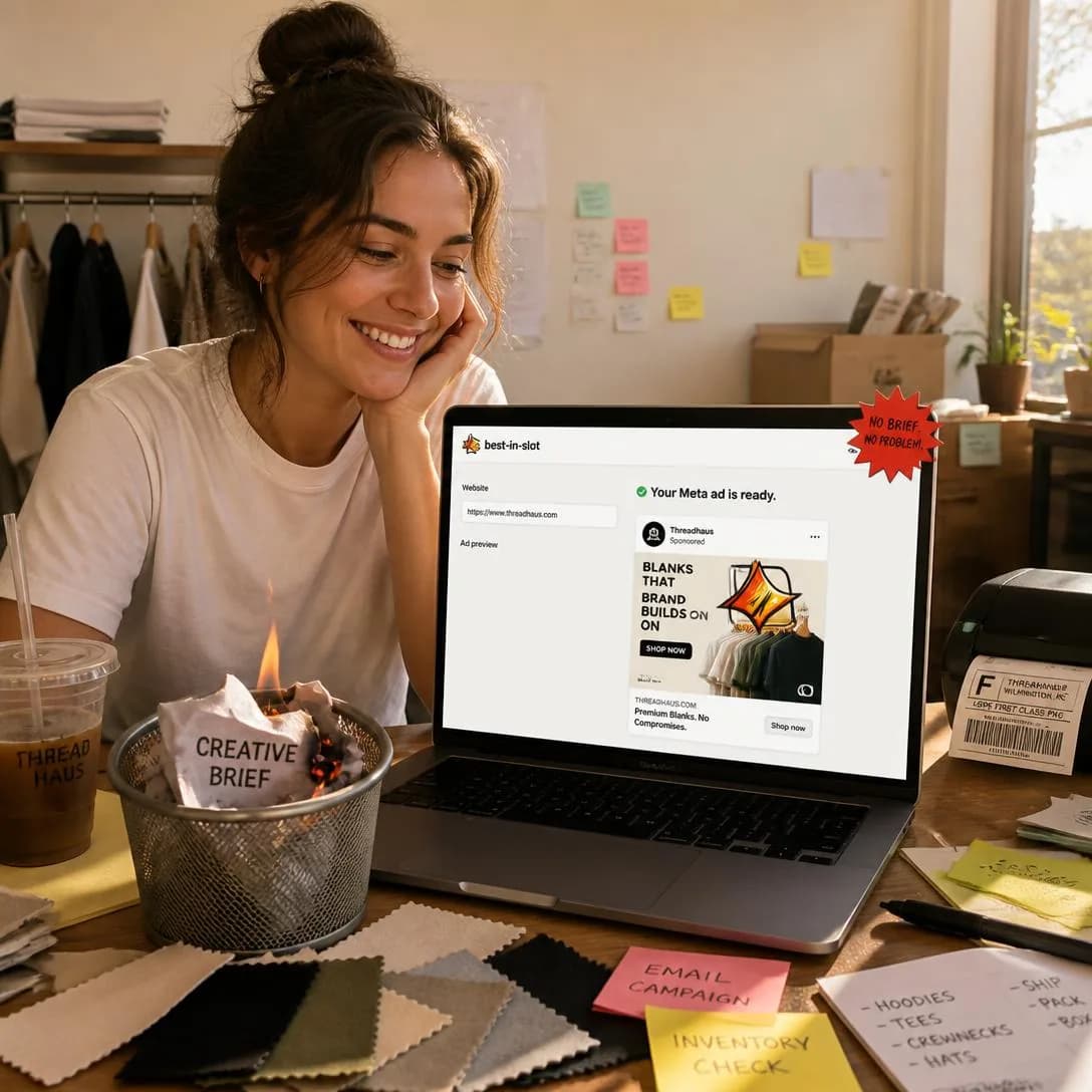 A handheld, slightly candid iPhone photo of a real founder — a tired-but-relieved woman in her early 30s wearing a plain t-shirt — sitting at a cluttered home-office desk in her small DTC apparel studio