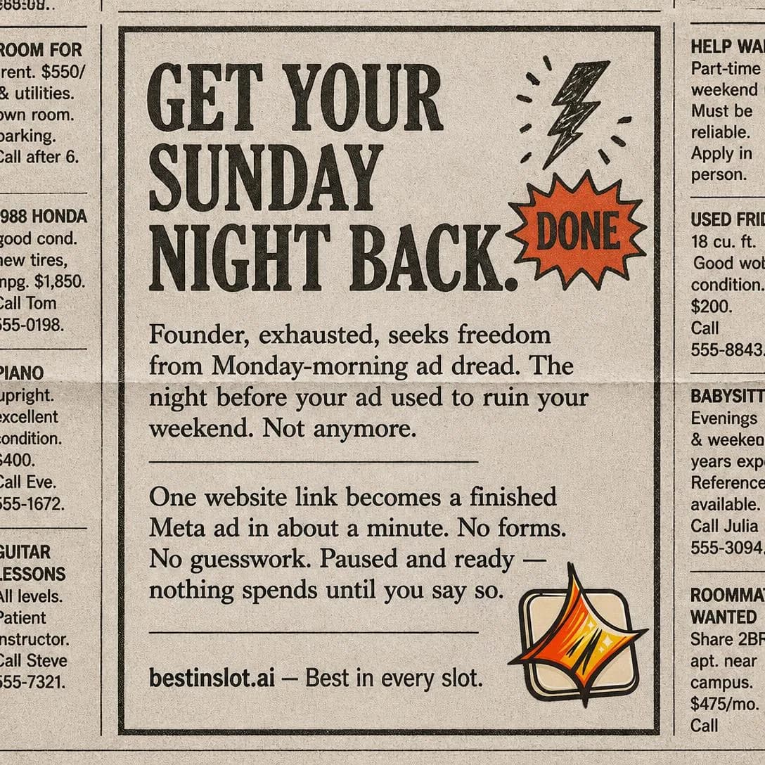 An old-school newspaper classified ad, scanned black-and-white newsprint texture with slight yellowing and grain, viewed straight-on to fill the frame