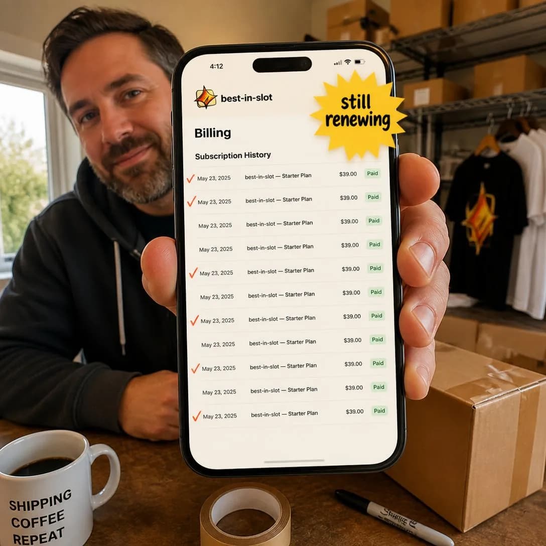 A handheld iPhone photo, slightly tilted with mild motion, of a busy DTC shop owner's packing table in a small home studio — a cardboard shipping box half-taped, a roll of brown packing tape, a marker, and a coffee mug…