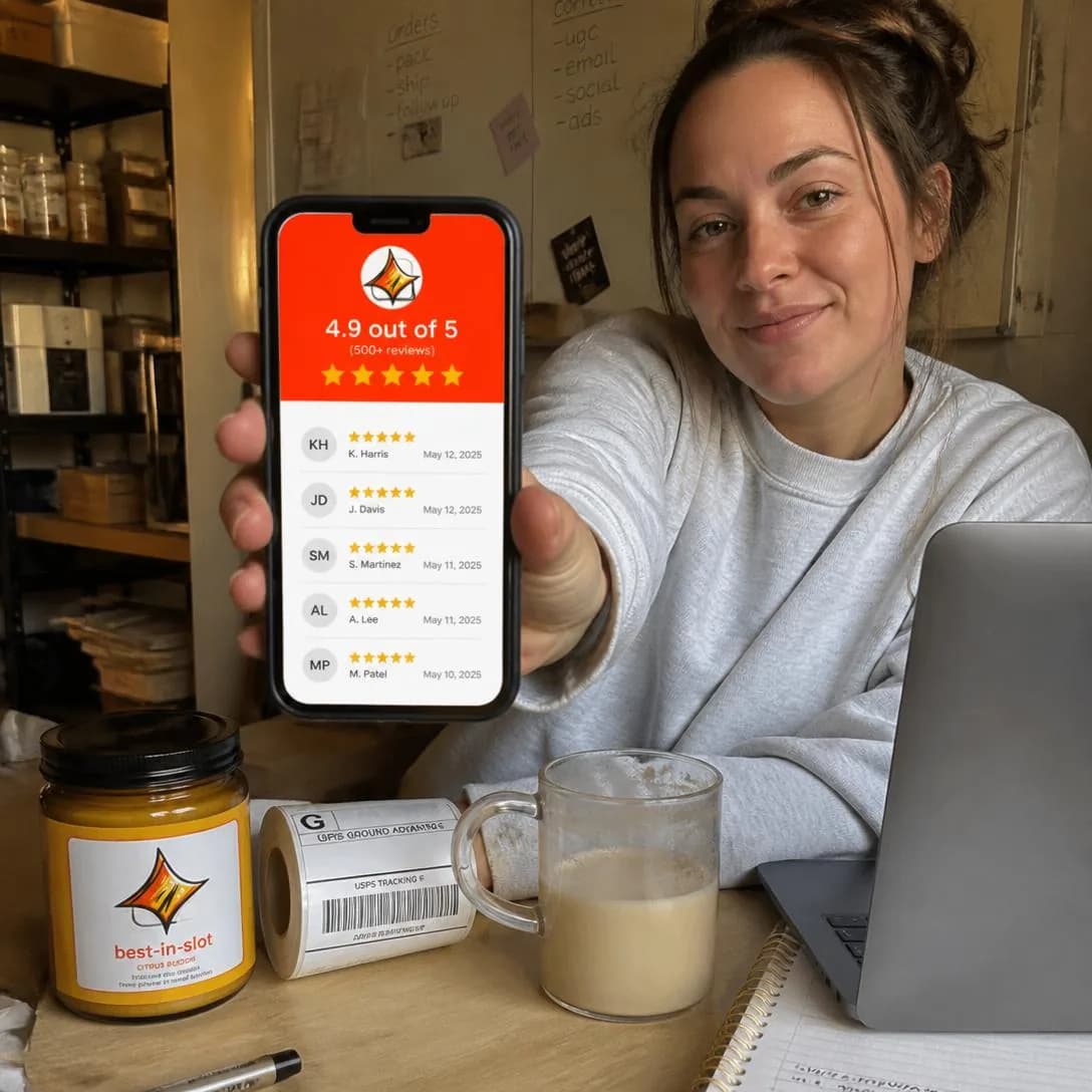 A handheld iPhone photo, slightly tilted and candid, of a real DTC shop owner in her small home-office workspace: a cluttered desk with a candle-brand product sample, a roll of shipping labels, a half-finished oat-milk…