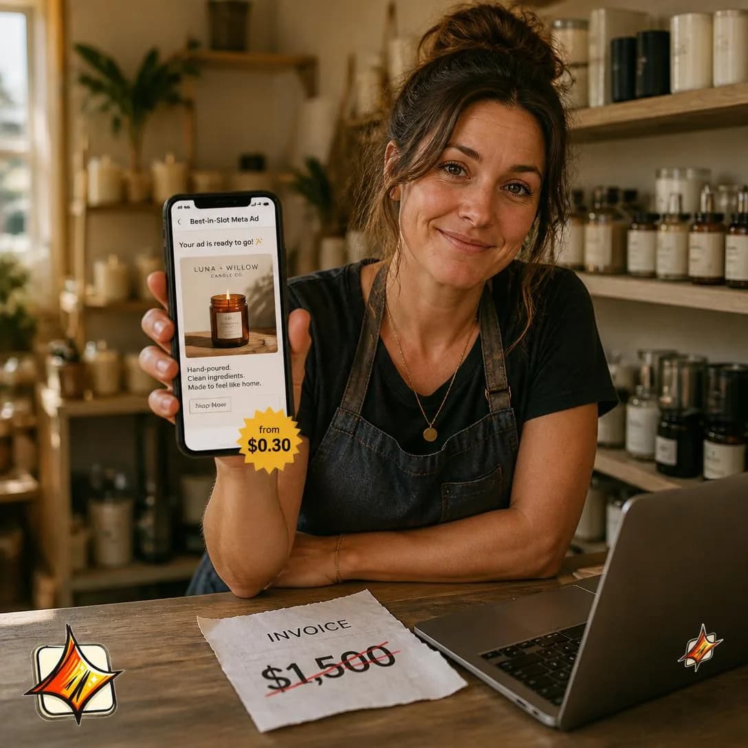 A warm, authentic square portrait photograph of a real-looking small DTC shop owner — a woman in her mid-30s with an apron on, standing at the counter of her small candle-and-homegoods studio, holding up her phone…