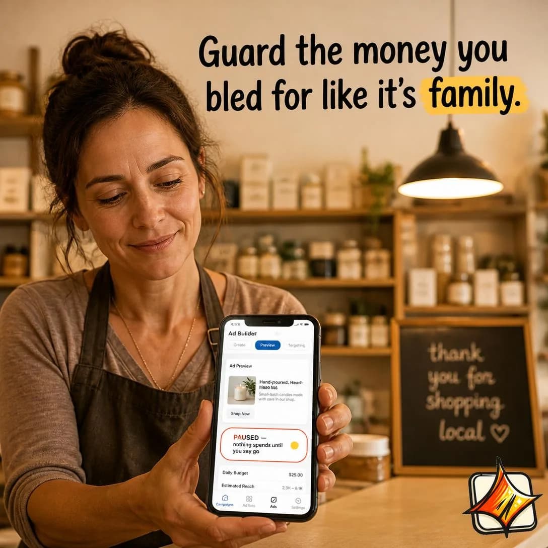 A warm, authentic portrait photograph of a tired-but-proud small business owner — a woman in her late 30s in a plain apron, standing behind the counter of her own modest shop (shelves of stock softly out of focus behind…