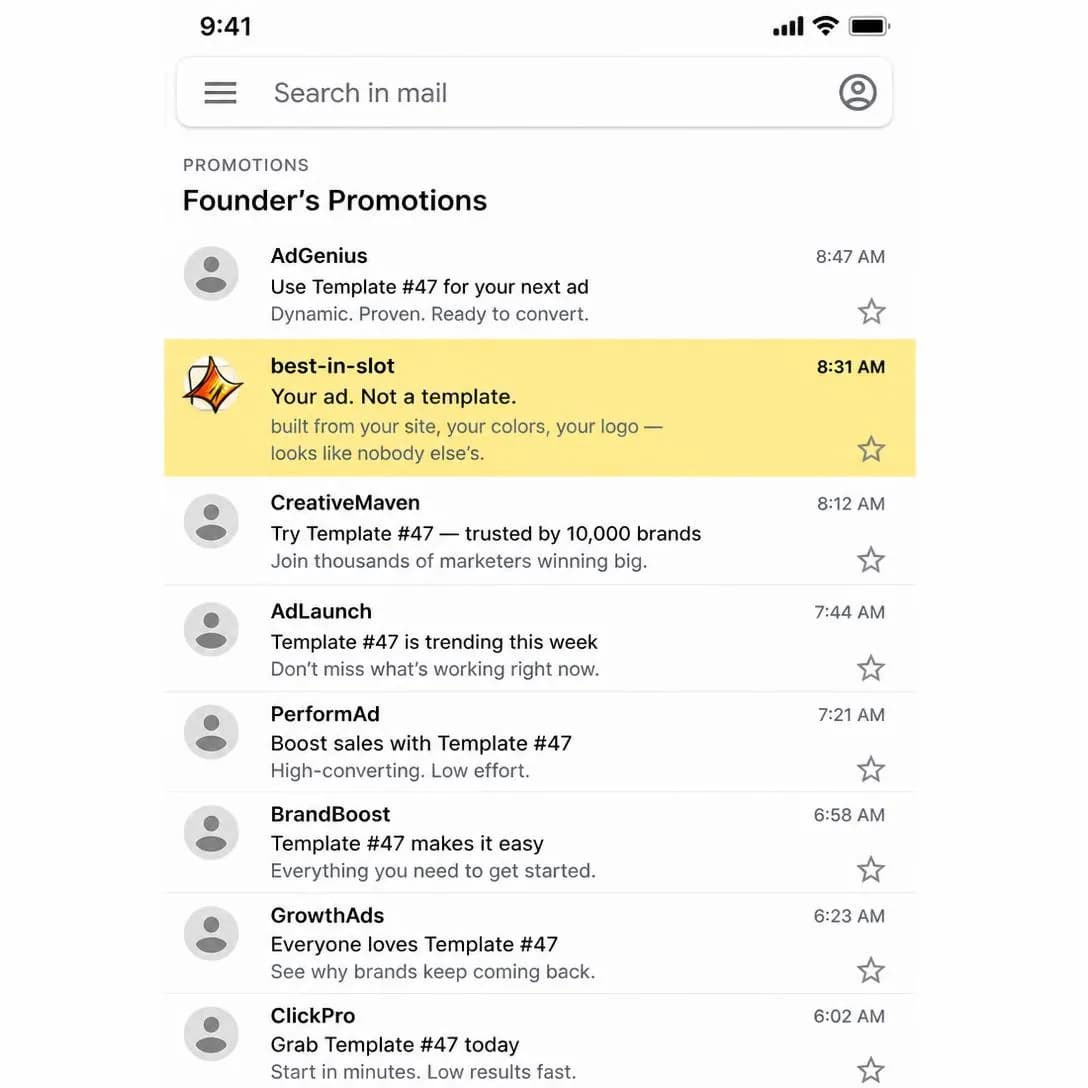A pixel-accurate mobile Gmail inbox screenshot, light mode, iOS status bar at top showing full signal and 9:41