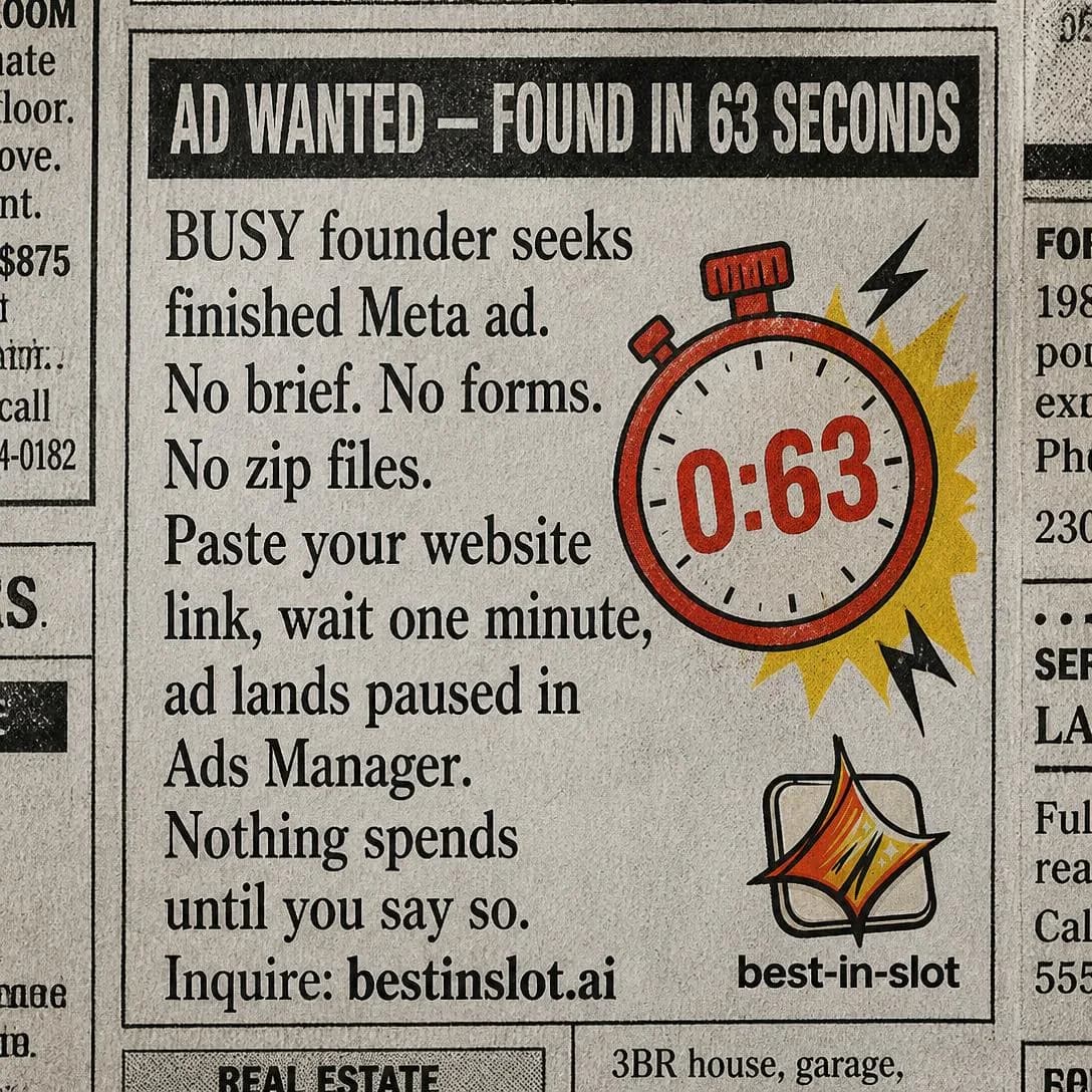 An old-school newspaper classified ad, photographed as a slightly grainy black-and-white newsprint clipping filling the square frame, with faint yellowed paper texture and a subtle halftone dot pattern typical of cheap…