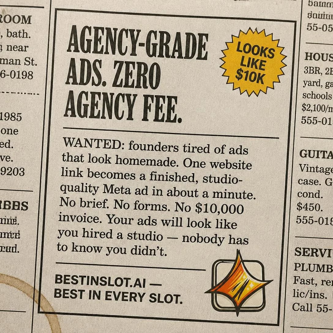 An old-school newspaper classified advertisement, photographed slightly askew as a smartphone photo of an actual newsprint page, black-and-white with visible paper grain, dot-matrix printing texture, and a warm aged…