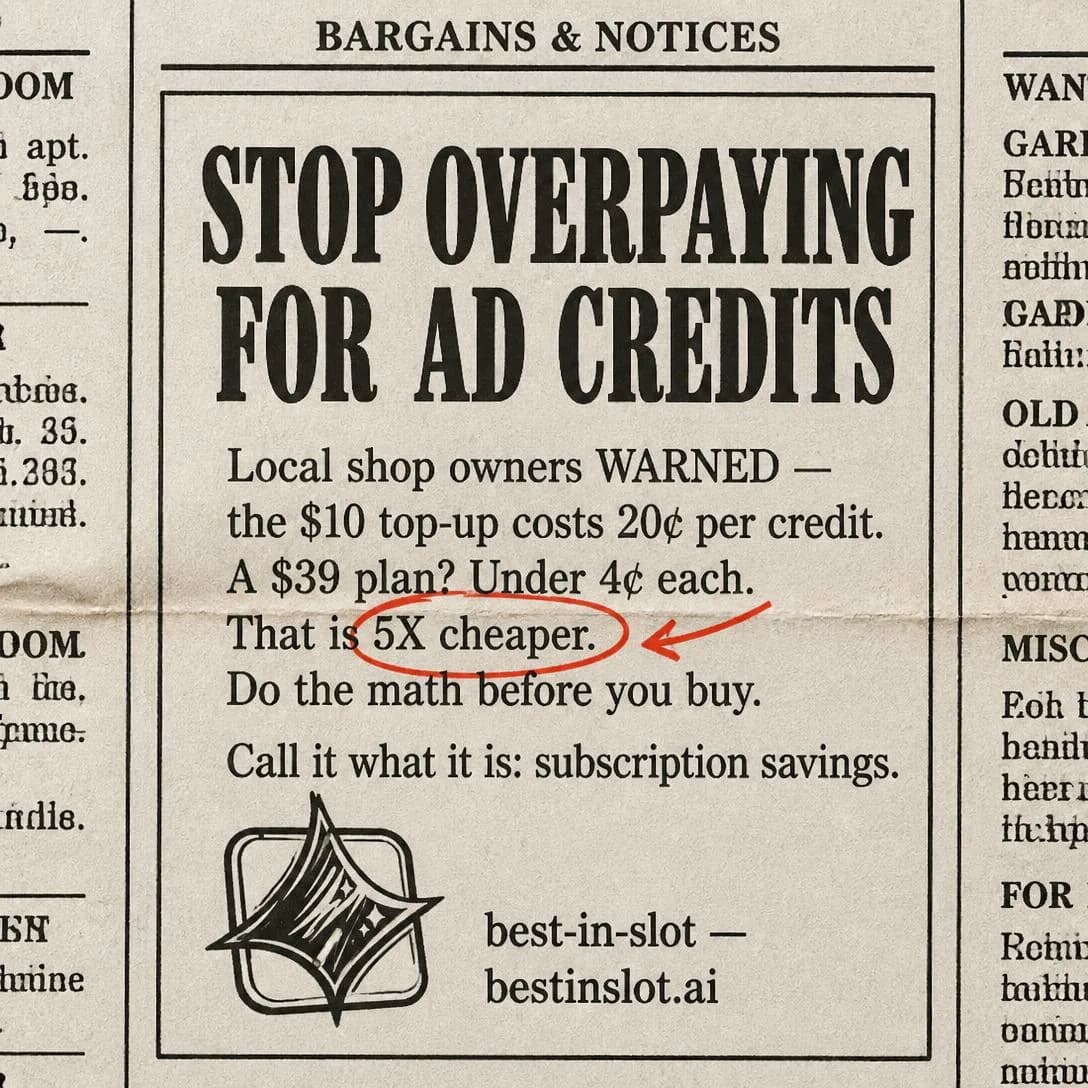 A pixel-accurate, slightly-scanned old-school newspaper classified ad, printed in high-contrast black ink on aged off-white newsprint with faint fiber texture, subtle halftone dots and a hint of ink bleed