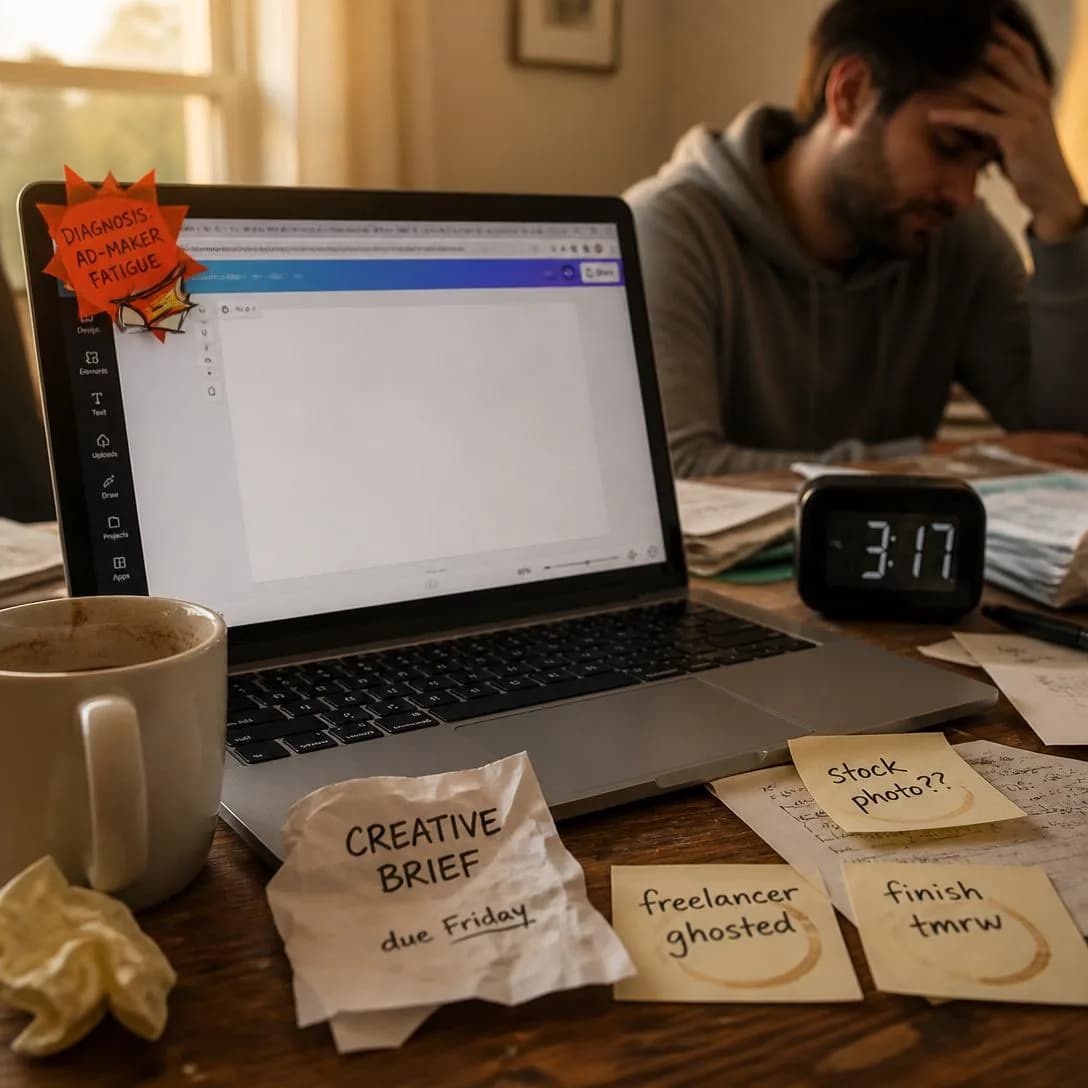 A handheld, slightly tilted iPhone photo of a real founder's cluttered home-office desk on a Tuesday afternoon, capturing the lived misery of DIY ad-making