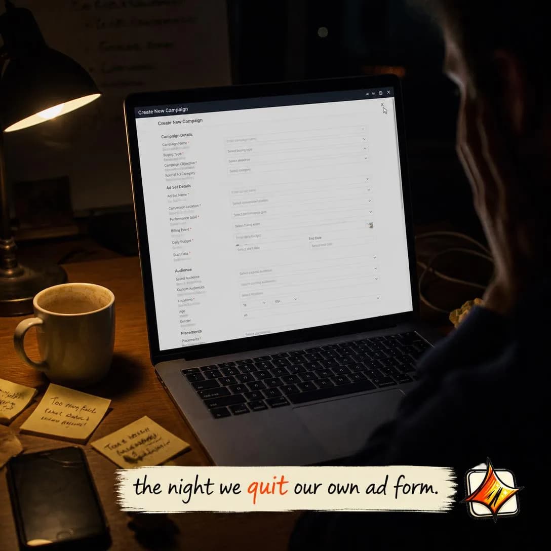 A moody, cinematic handheld photo of a laptop glowing in a dark home office late at night — the kind of real desk a small-business founder actually works from
