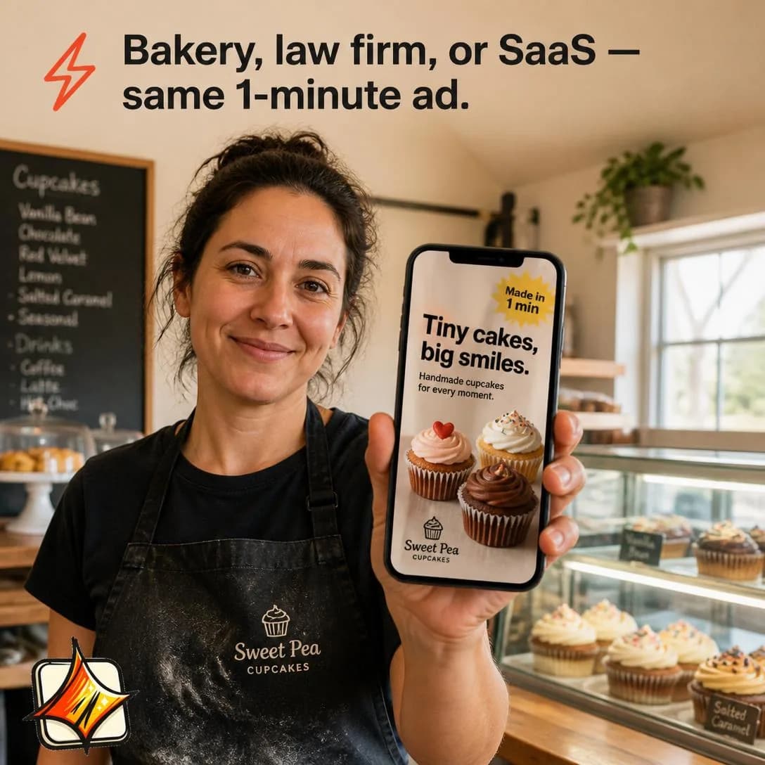 A handheld, slightly candid workplace photograph of a small cupcake bakery owner standing behind her counter, mid-morning, holding up her phone toward the camera to show the screen