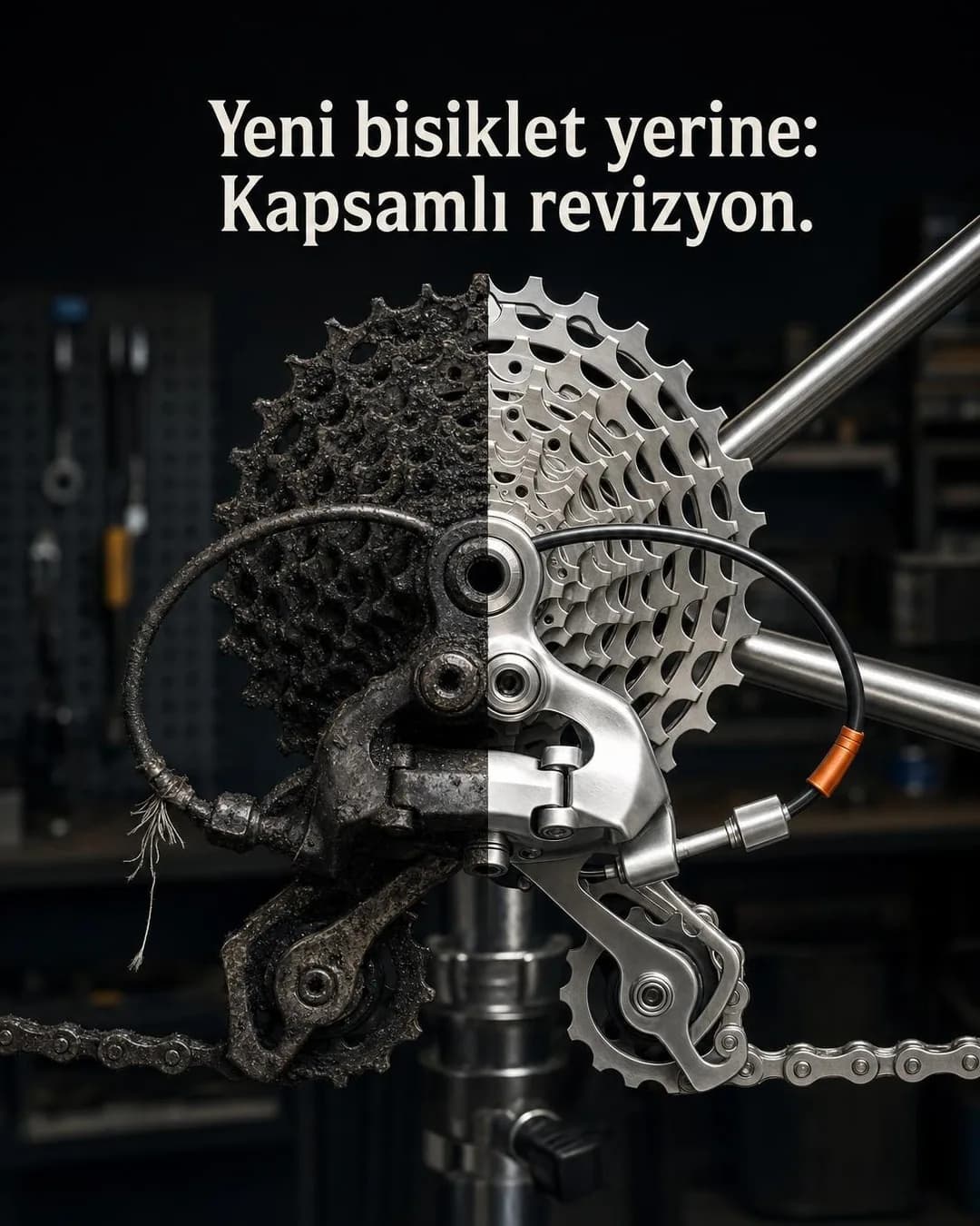 Bir bisikletin arka ruble ve aktarıcısının öncesi ve sonrası bölünmüş karşılaştırması. Sol tarafta katran ve çamurla kaplanmış dişliler, kirli zincir ve tiftiklenmiş vites teli yer alırken; sağ tarafta ultrasonik temizlikle metalik parlaklığına kavuşmuş aynı bileşenler, yeni kablolama ve tertemiz montaj görülüyor. Üstte beyaz puntolarla 'Yeni bisiklet yerine: Kapsamlı revizyon.' yazıyor.