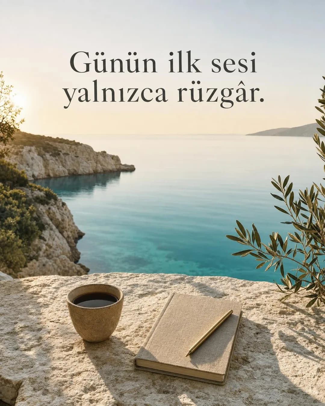 A rustic limestone ledge overlooking a tranquil, turquoise sea cove bathed in soft morning light. In the foreground rests a handcrafted ceramic coffee cup beside a linen-bound notebook with a brass pen, framed by olive foliage on the right. Elegant Turkish text centered in the sky reads: Günün ilk sesi yalnızca rüzgâr.