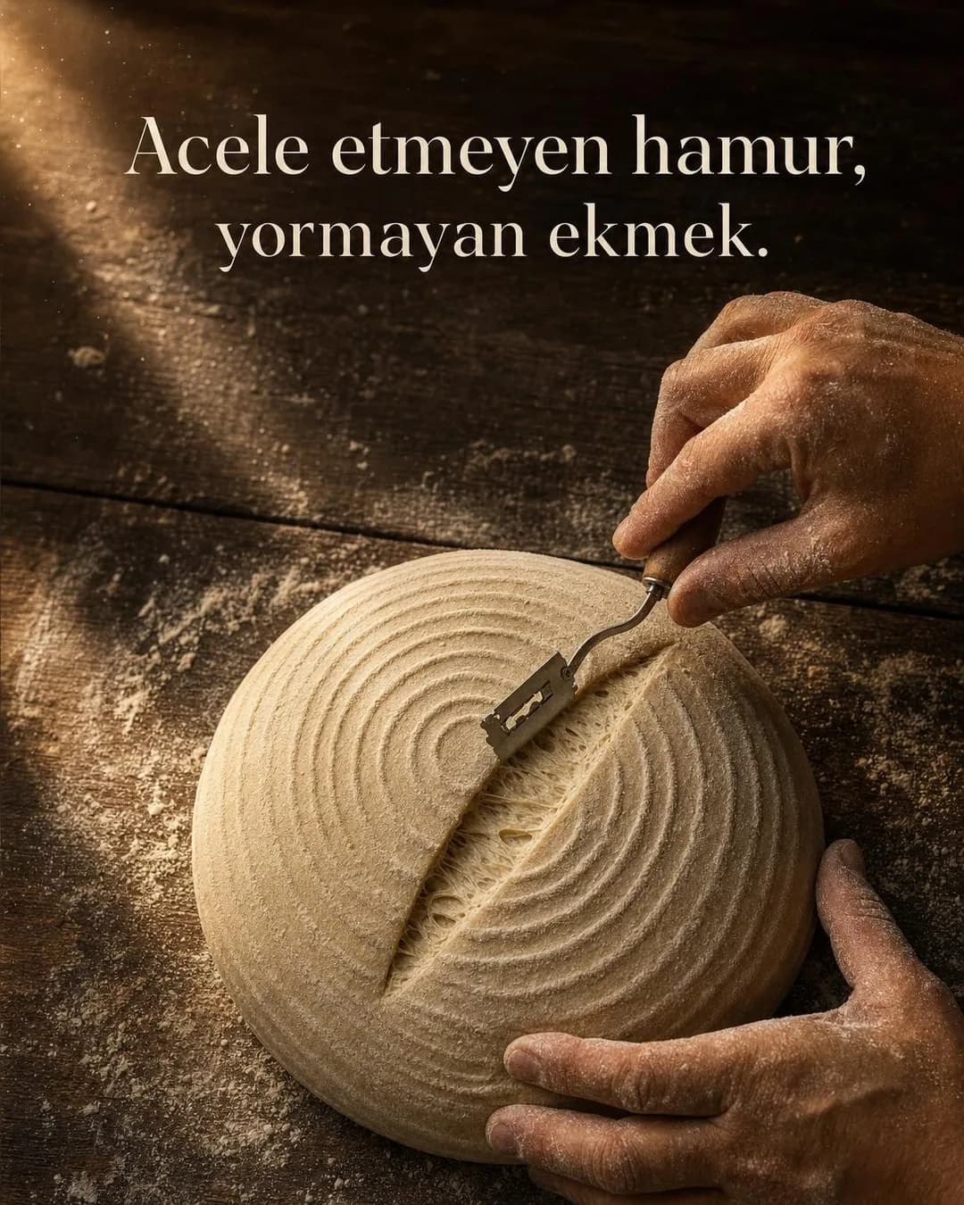 Un serpilmiş koyu renk ahşap tezgah üzerinde, mayalama sepetinden yeni çıkmış yuvarlak ekşi mayalı hamur. Fırıncının unlu elleri, hamurun üst yüzeyine ekmek jiletiyle boydan boya kesik atıyor. Sol üstten süzülen sıcak sabah ışığı altında, görselin üst kısmında serif yazı tipiyle 'Acele etmeyen hamur, yormayan ekmek.' ifadesi yazıyor.