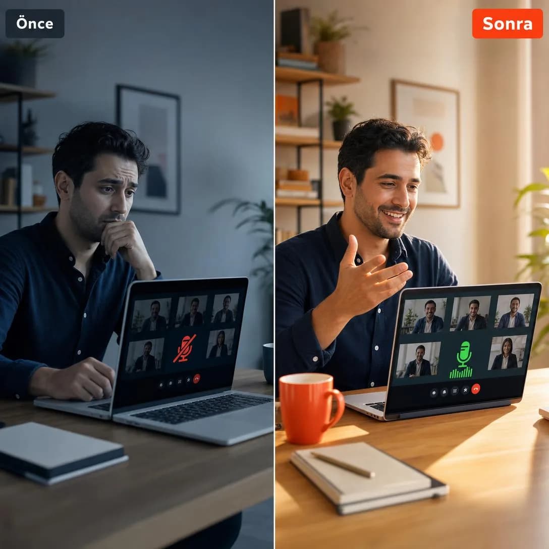 A cinematic, photorealistic vertical split-screen photograph divided precisely down the center, capturing the before-and-after transformation of a 30-year-old Turkish professional at a minimalist wooden desk during an…
