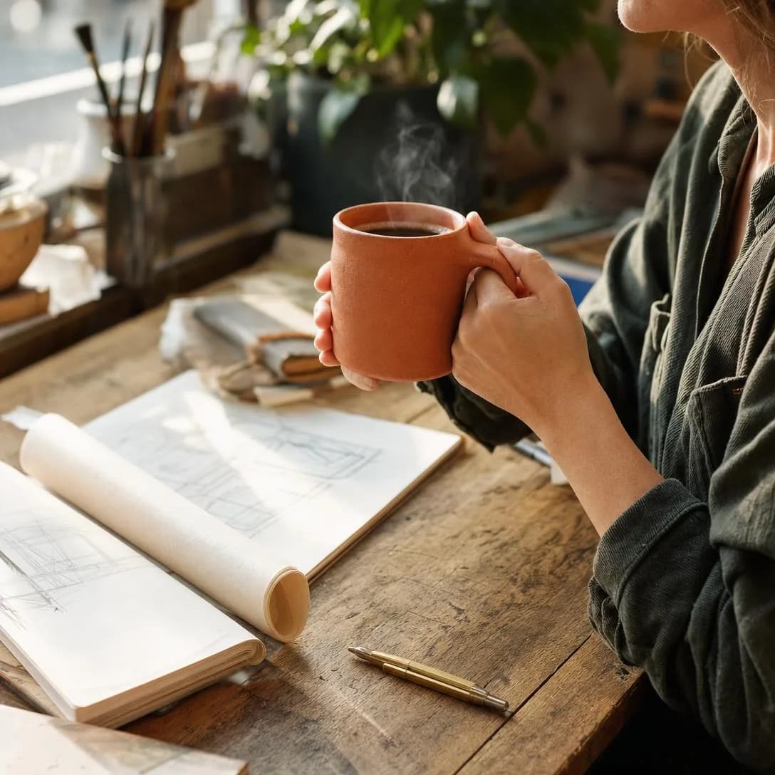 A candid, documentary-style workplace photograph of a creative professional taking a quiet morning pause at an authentic studio work table.