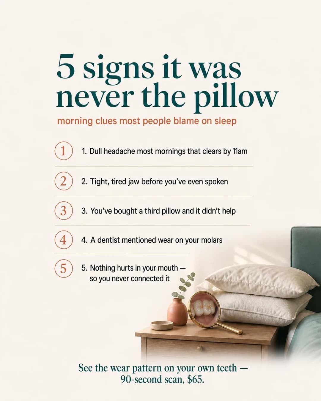 Listicle graphic, portrait 4:5. Reframes a years-long, expensive workaround as a misdiagnosis by pointing at the real culprit: nighttime clenching invisible without a scan.