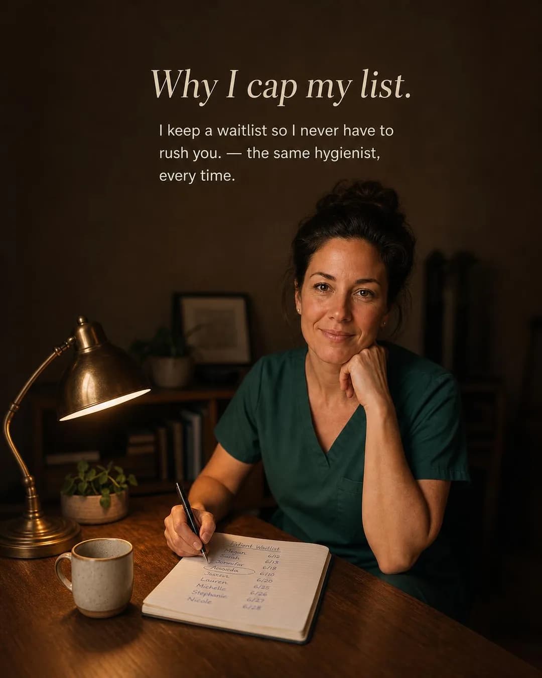 Portrait of the owner / user, portrait 4:5. A hygienist explains that turning patients away is the only way to guarantee she's the one who shows up every time.