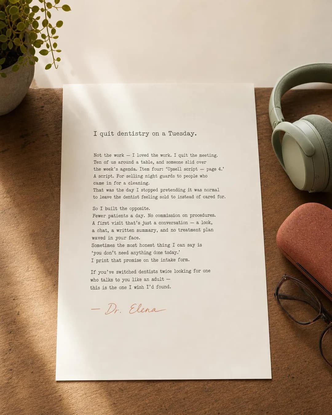 Founder's letter, portrait 4:5. Grounds the whole practice in one real moment — a founder walking out of a quota meeting instead of reading the script.