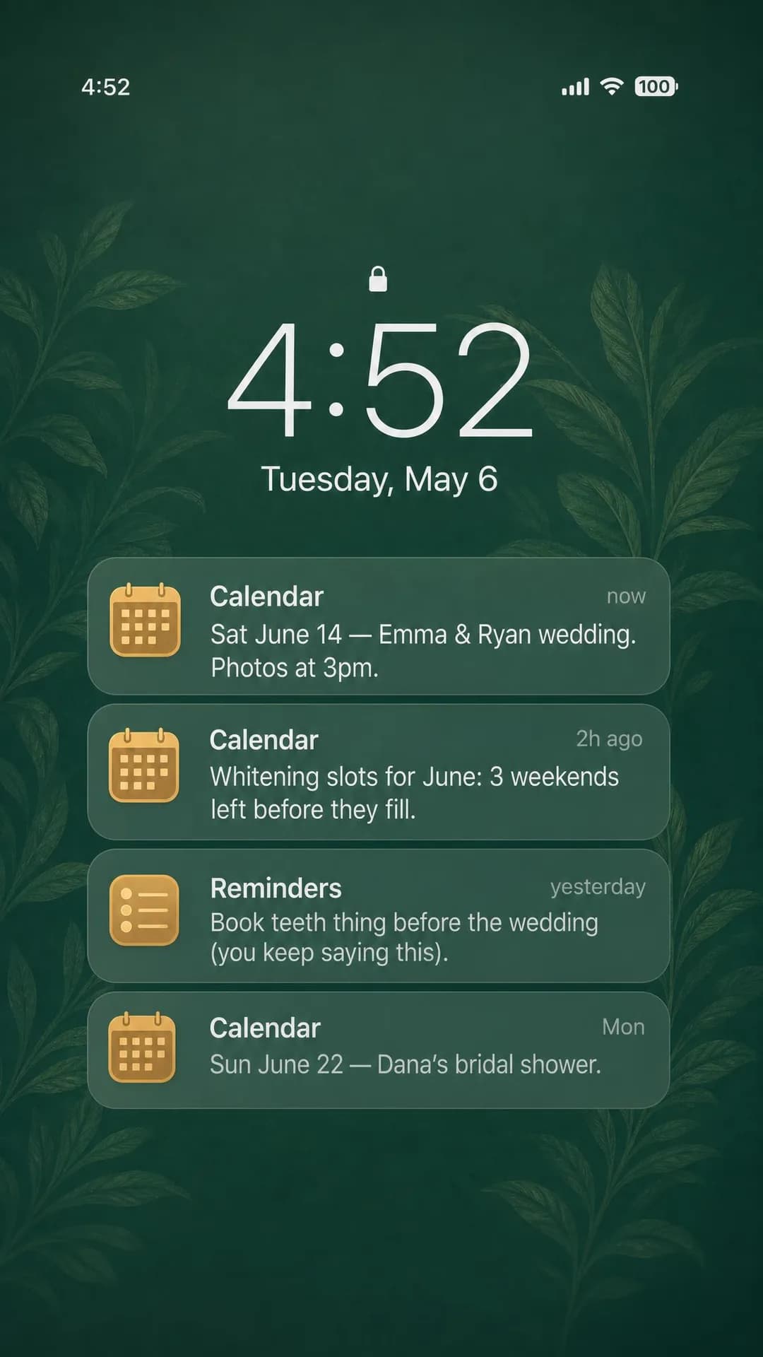 Lock-screen / notification stack, portrait 9:16. A visual, dated booking calendar makes the deadline concrete instead of abstract, turning vague good-intentions into today's decision.