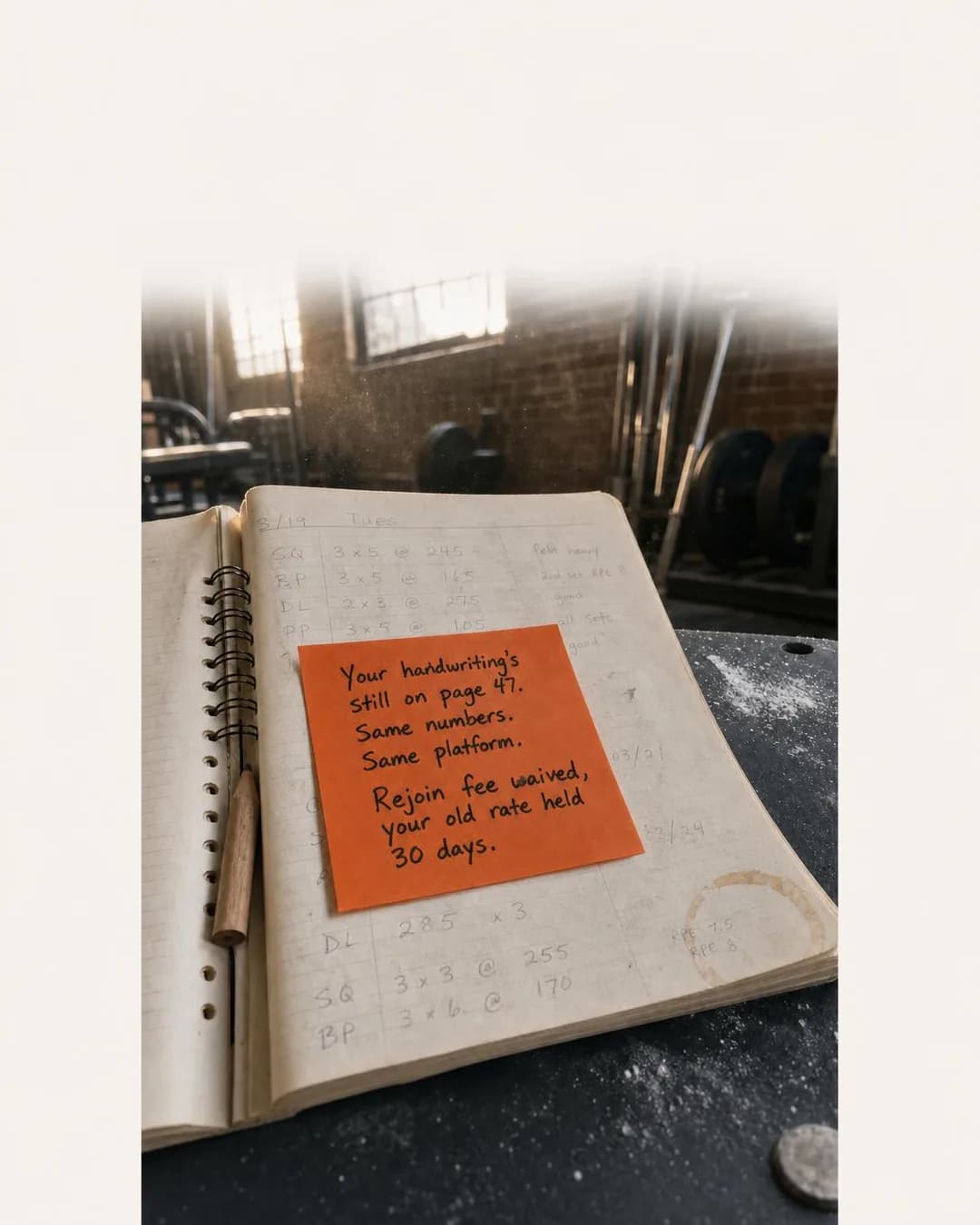 Post-it photo, portrait 4:5. Nothing sells continuity like the sight of your own pencil marks from years ago, proof the gym remembers who you were before you stopped.