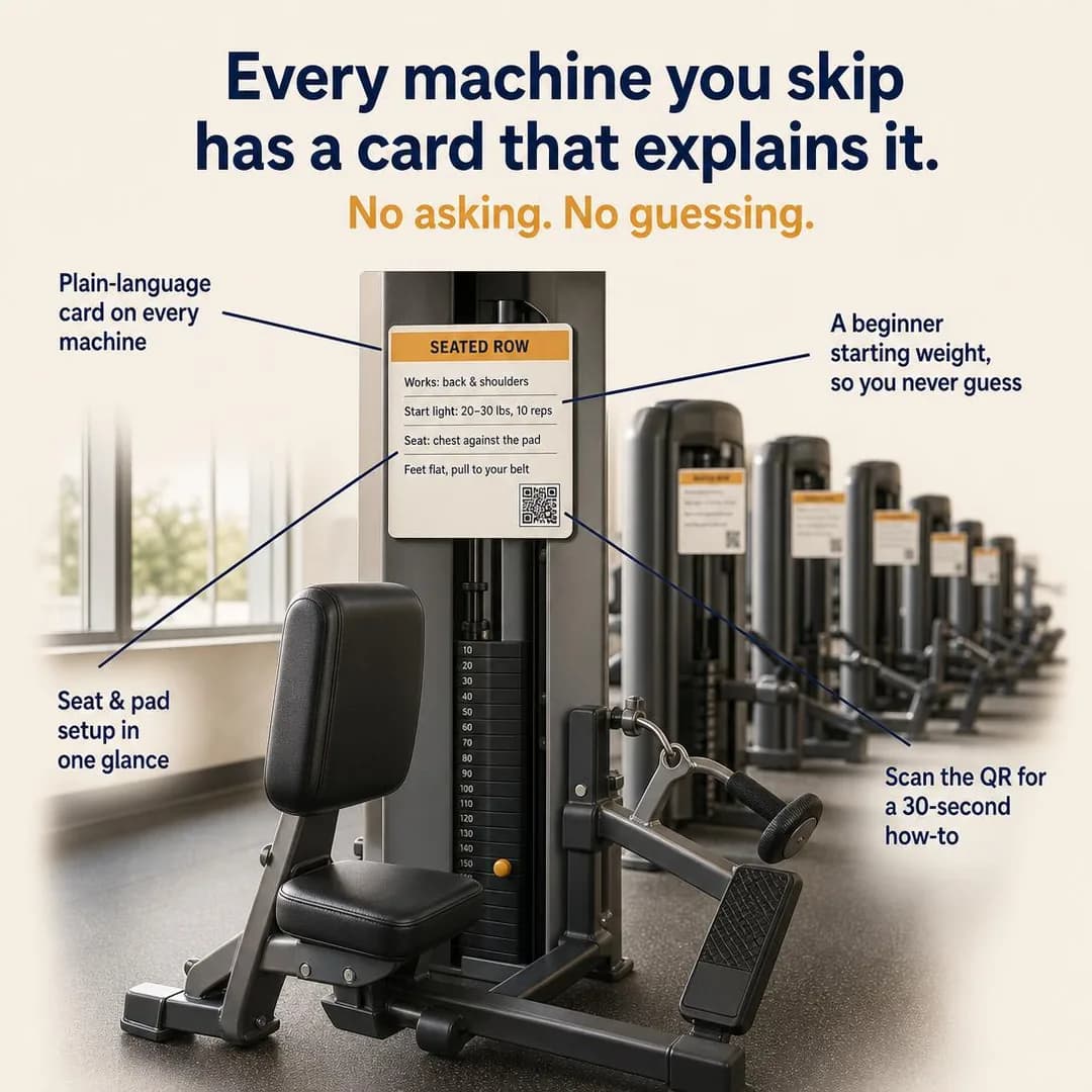 Feature / ingredient callout, square 1:1. Names the exact silent behavior—avoiding equipment out of not knowing—and shows the card removes the barrier without any conversation required.