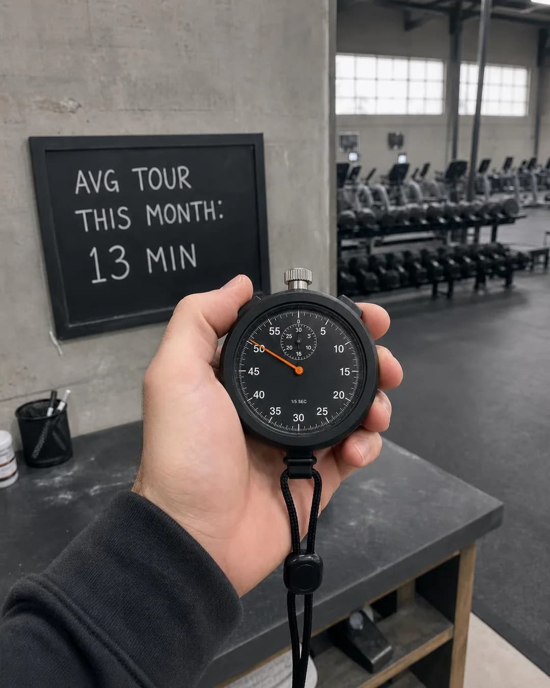 Workplace photography, portrait 4:5. A visible stopwatch turns the promise into a mechanism you can watch work in real time, not a policy you have to trust.
