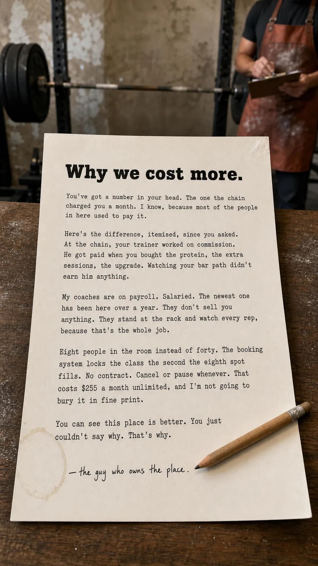 Founder's letter, portrait 9:16. Explaining that commissioned trainers chase upsells while a salaried coach just watches your bar path justifies the price gap in one comparison.