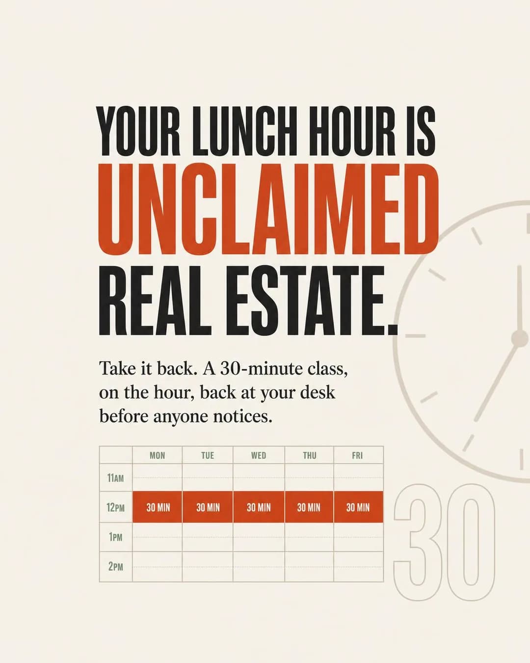 Bold typographic poster, portrait 4:5. Turns the one hour nobody at home or work is asking for into a fixed, guilt-free appointment with yourself.