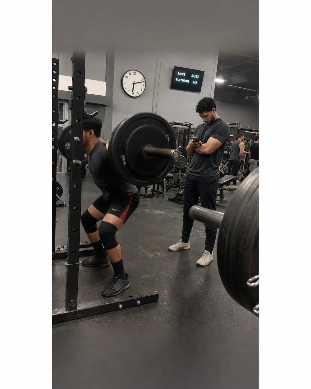 Raw phone pic, portrait 4:5. Working in with a stranger turns five-minute rest periods into ten-minute negotiations, and nobody signed up to coach a rack partner.