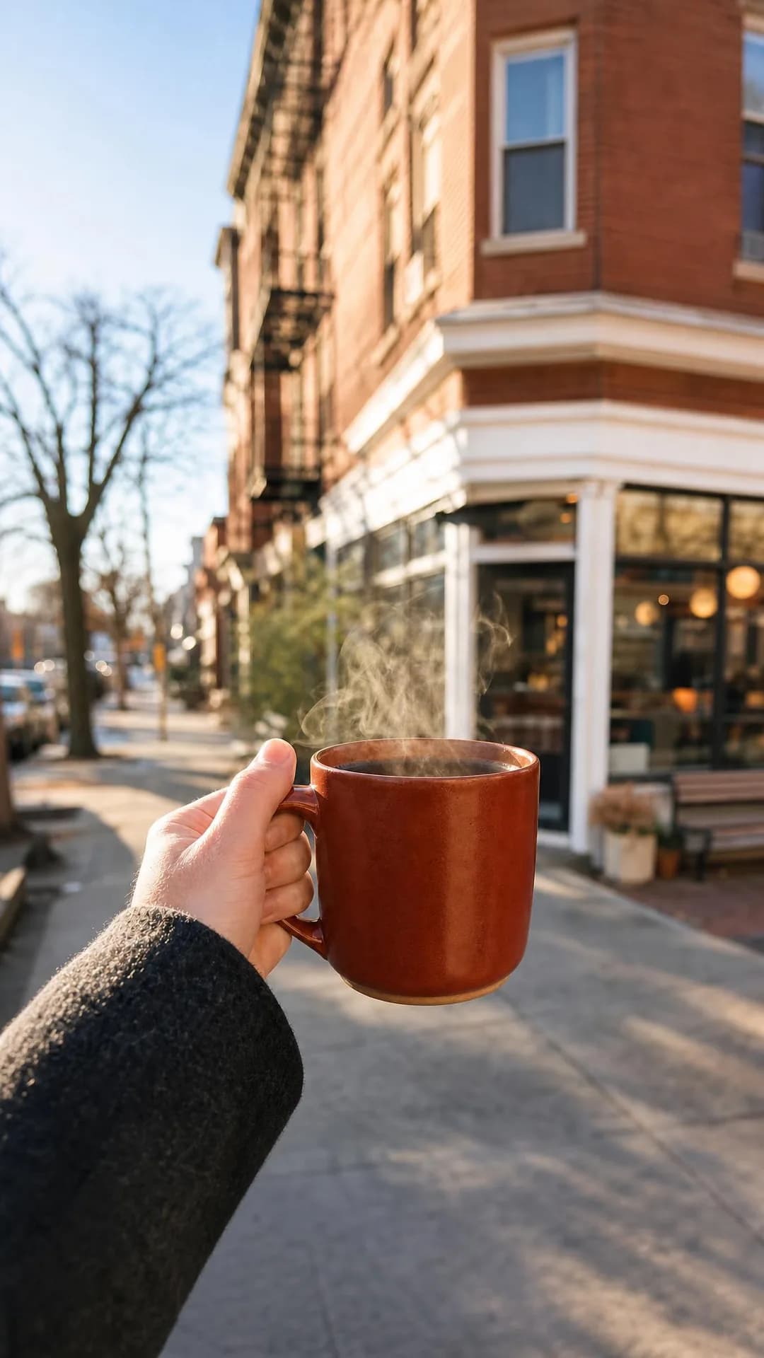 Product in hand, portrait 9:16. A flat thirty-dollar membership covers every weekday cup and pays for itself by visit seven.