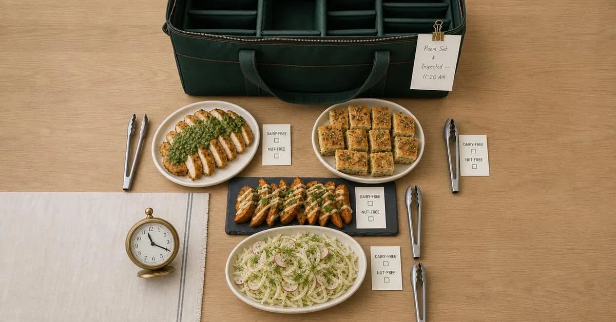 Flat-lay / unboxing shot, landscape 1.91:1. Couriers stage the entire boardroom table and clear it afterward, returning your midday break entirely to you.