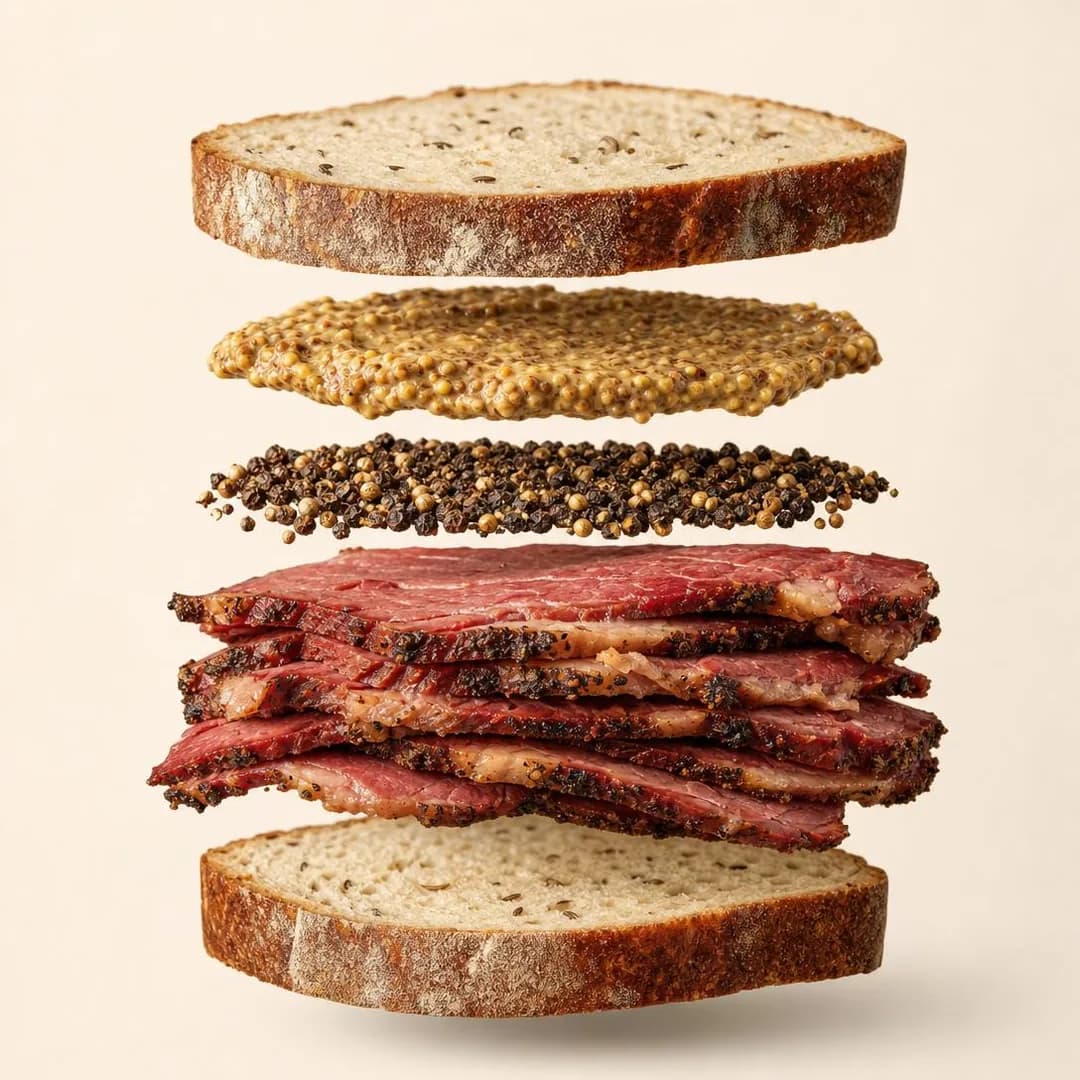 Exploded view, square 1:1. Whole coriander and coarse cracked pepper adhere to ten-day brined brisket, creating the crust deli slicers destroy.