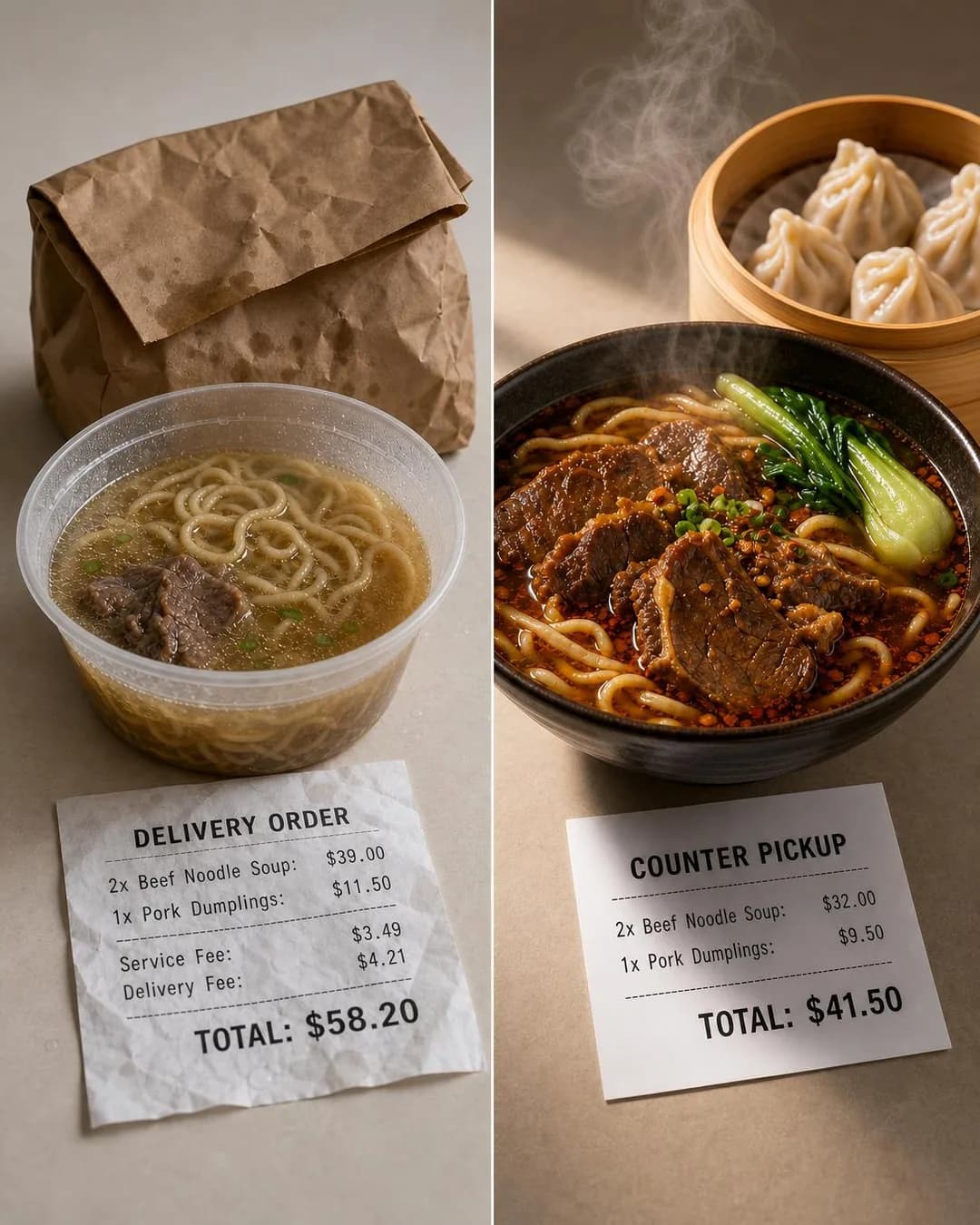 Side-by-side scene, portrait 4:5. Inflated app prices do not fund culinary craft; they tax your convenience while actively degrading your dinner.