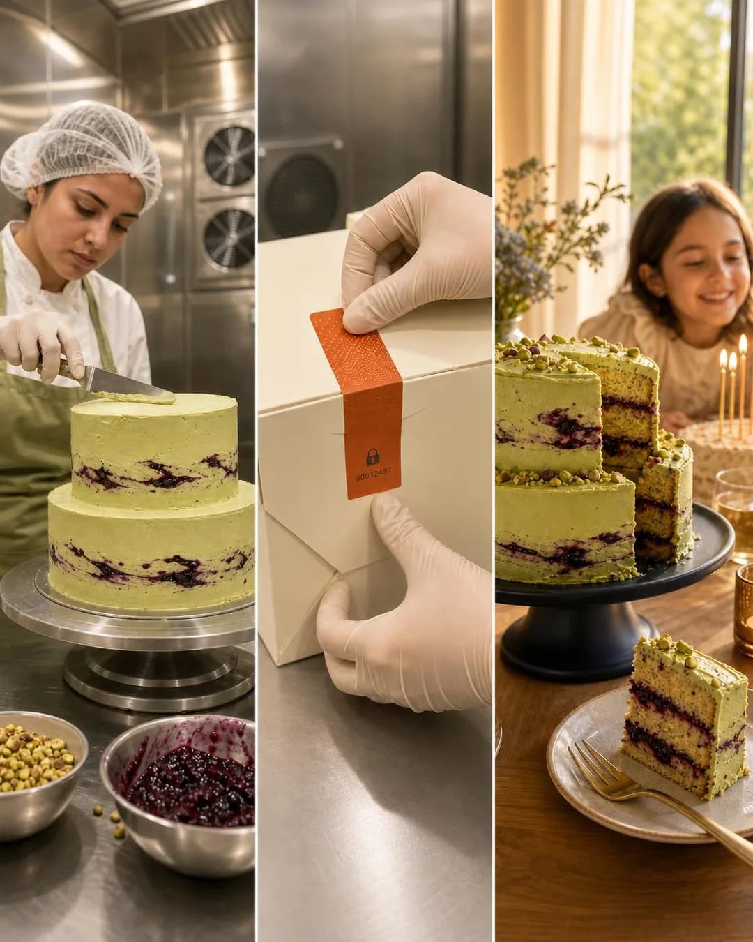 Three-frame strip, portrait 4:5. Baked in an airtight positive-pressure chamber and sealed before exit, delivering bakery-grade celebration cake with zero shared-oven risk.