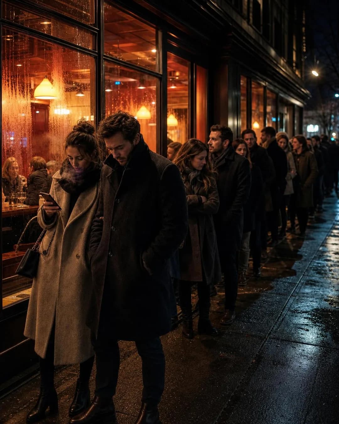 Crowd / queue shot, portrait 4:5. Claim your table from your living room sofa instead of shivering outside waiting for an open two-top.