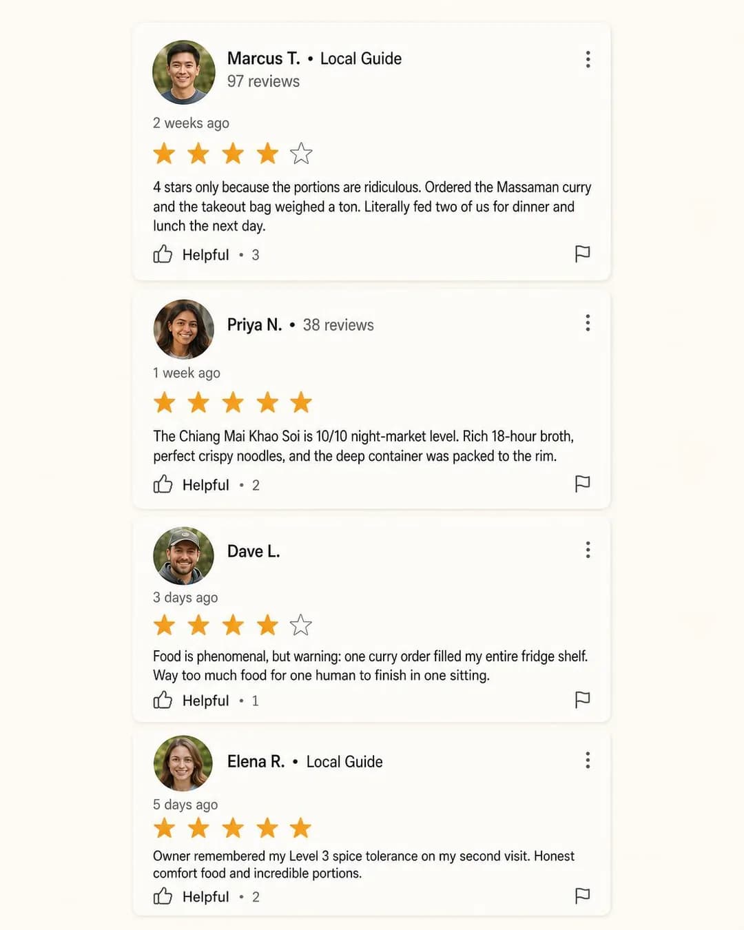 Review-screenshot compilation grid, portrait 4:5. Skeptical diners trust critical feedback, so spotlighting a 4-star portion complaint proves honest abundance without marketing hype.