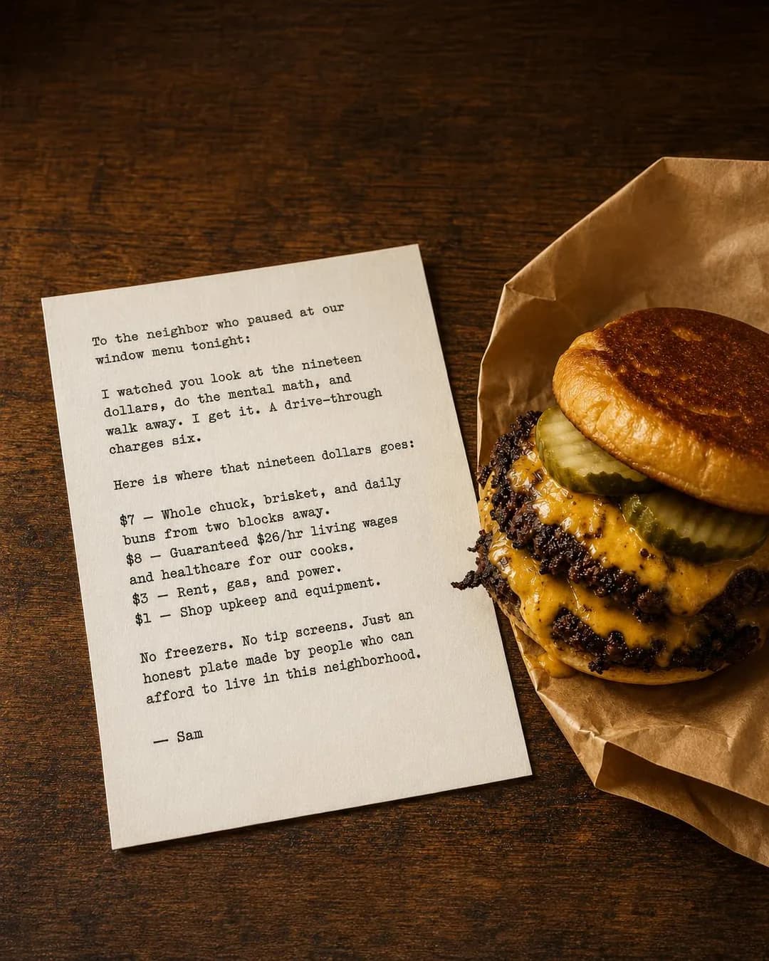 Founder's letter, portrait 4:5. Breaking down our fixed nineteen dollars proves that liveable wages and real beef cannot cost fast-food prices.