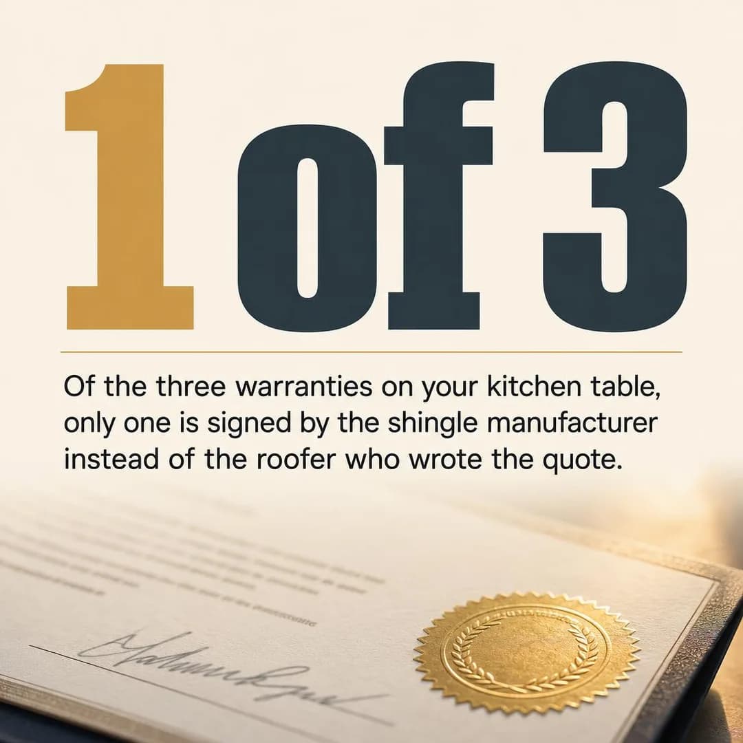 Stat-hero graphic, square 1:1. The strongest paper on the table is signed by the shingle manufacturer, not the roofer who wrote the quote.