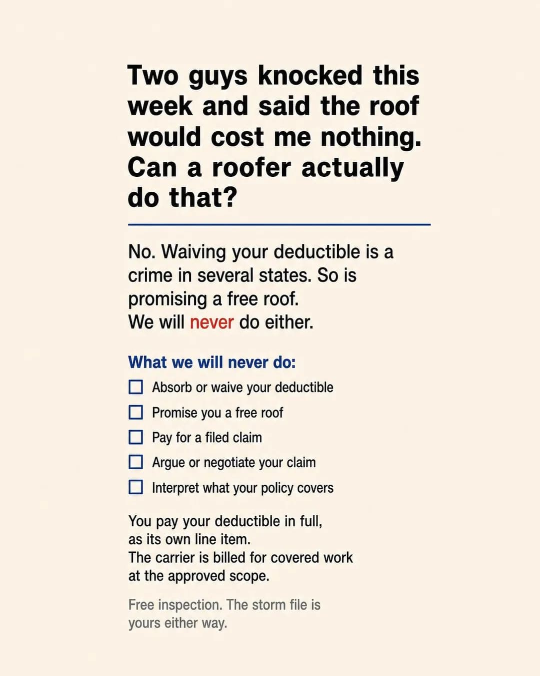 FAQ / objection-handling card, portrait 4:5. Waiving a deductible is a crime in several states, so the printed refusal list itself becomes the proof of honesty.