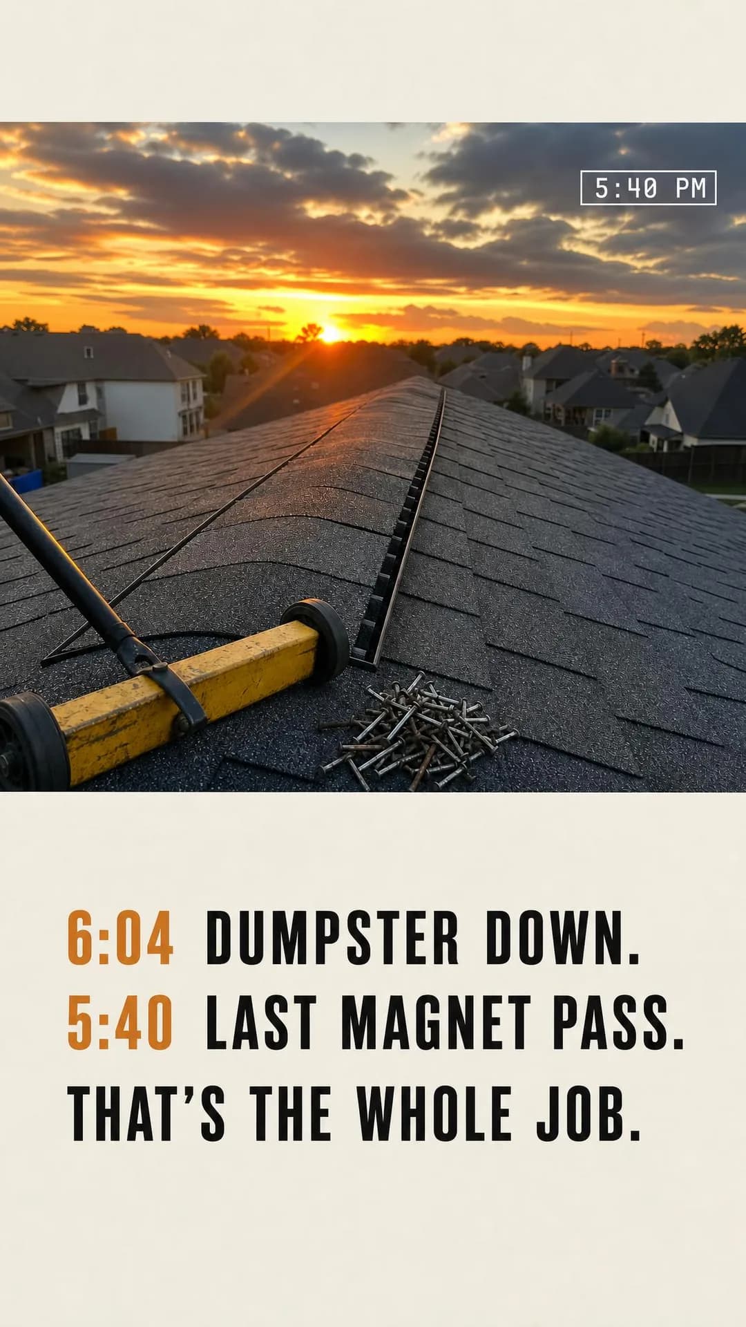 UGC video-still with caption overlay, portrait 9:16. The week-long construction nightmare these homeowners have been dreading is actually one fixed schedule: torn off by noon, shingled by dusk.